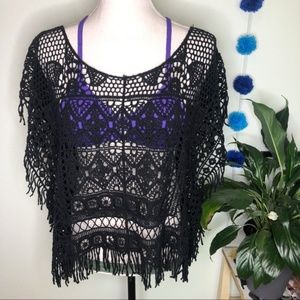 BCBGMaxAzria Black Fringe Crochet Coverup Top OS